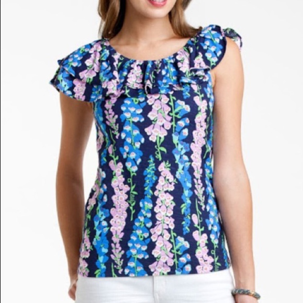 Lilly Pulitzer Blue Quincy Floral Ruffle Blouse